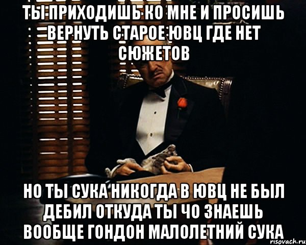 ты приходишь ко мне и просишь вернуть старое ювц где нет сюжетов но ты сука никогда в ювц не был дебил откуда ты чо знаешь вообще гондон малолетний сука, Мем Дон Вито Корлеоне