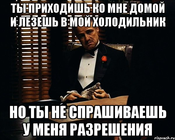 ТЫ ПРИХОДИШЬ КО МНЕ ДОМОЙ И ЛЕЗЕШЬ В МОЙ ХОЛОДИЛЬНИК НО ТЫ НЕ СПРАШИВАЕШЬ У МЕНЯ РАЗРЕШЕНИЯ, Мем Дон Вито Корлеоне