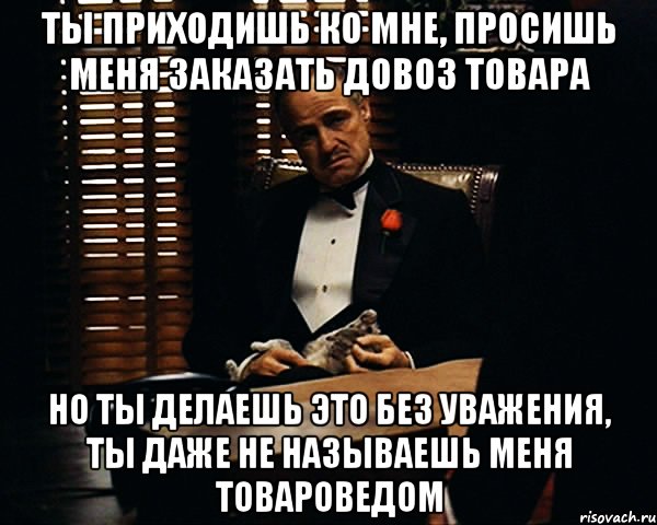 Ты приходишь ко мне, просишь меня заказать довоз товара Но ты делаешь это без уважения, ты даже не называешь меня товароведом, Мем Дон Вито Корлеоне