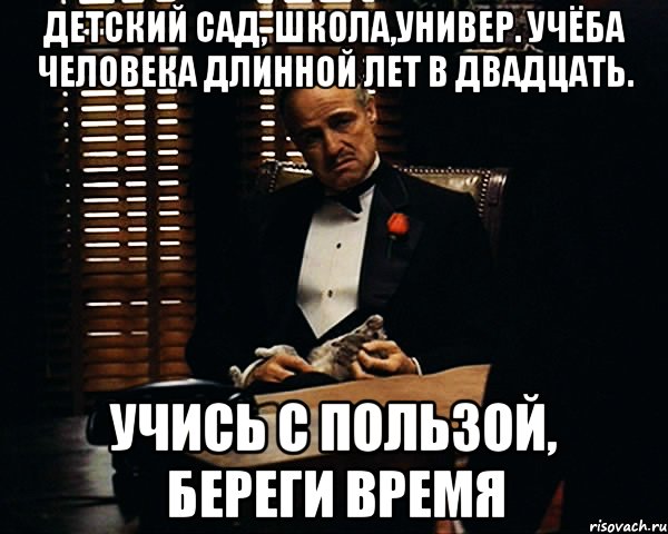 Детский сад, школа,универ. Учёба человека длинной лет в двадцать. Учись с пользой, береги время, Мем Дон Вито Корлеоне