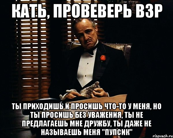 Кать, провеверь ВЗР Ты приходишь и просишь что-то у меня, но ты просишь без уважения, ты не предлагаешь мне дружбу, ты даже не называешь меня "Пупсик", Мем Дон Вито Корлеоне