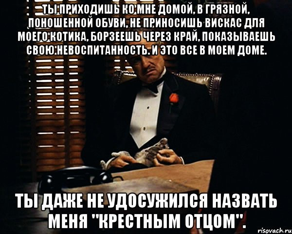 ТЫ ПРИХОДИШЬ КО МНЕ ДОМОЙ, В ГРЯЗНОЙ, ПОНОШЕННОЙ ОБУВИ, НЕ ПРИНОСИШЬ ВИСКАС ДЛЯ МОЕГО КОТИКА, БОРЗЕЕШЬ ЧЕРЕЗ КРАЙ, ПОКАЗЫВАЕШЬ СВОЮ НЕВОСПИТАННОСТЬ. И ЭТО ВСЕ В МОЕМ ДОМЕ. ТЫ ДАЖЕ НЕ УДОСУЖИЛСЯ НАЗВАТЬ МЕНЯ "КРЕСТНЫМ ОТЦОМ"., Мем Дон Вито Корлеоне