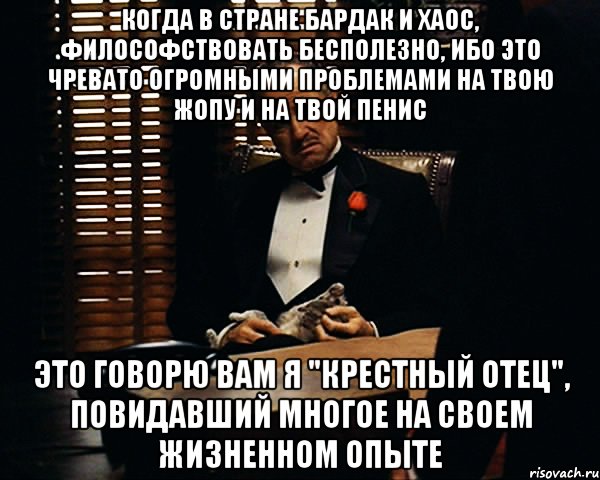 КОГДА В СТРАНЕ БАРДАК И ХАОС, ФИЛОСОФСТВОВАТЬ БЕСПОЛЕЗНО, ИБО ЭТО ЧРЕВАТО ОГРОМНЫМИ ПРОБЛЕМАМИ НА ТВОЮ ЖОПУ И НА ТВОЙ ПЕНИС ЭТО ГОВОРЮ ВАМ Я "КРЕСТНЫЙ ОТЕЦ", ПОВИДАВШИЙ МНОГОЕ НА СВОЕМ ЖИЗНЕННОМ ОПЫТЕ, Мем Дон Вито Корлеоне