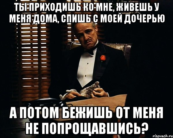 ты приходишь ко мне, живешь у меня дома, спишь с моей дочерью а потом бежишь от меня не попрощавшись?, Мем Дон Вито Корлеоне