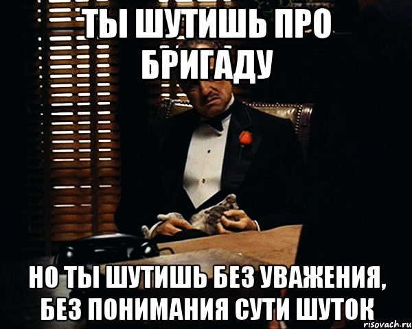 ТЫ ШУТИШЬ ПРО БРИГАДУ НО ТЫ ШУТИШЬ БЕЗ УВАЖЕНИЯ, БЕЗ ПОНИМАНИЯ СУТИ ШУТОК, Мем Дон Вито Корлеоне