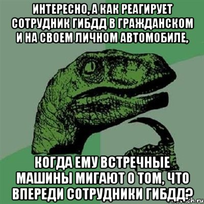 Интересно, а как реагирует сотрудник ГИБДД в гражданском и на своем личном автомобиле, когда ему встречные машины мигают о том, что впереди сотрудники ГИБДД?, Мем Филосораптор