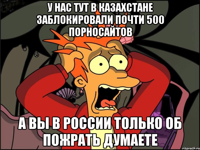 у нас тут В Казахстане заблокировали почти 500 порносайтов а вы в россии только об пожрать думаете, Мем Фрай в панике