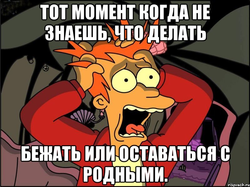 тот момент когда не знаешь, что делать бежать или оставаться с родными., Мем Фрай в панике