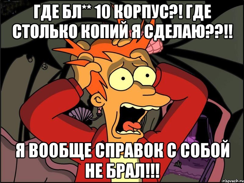 Где бл** 10 корпус?! Где столько копий я сделаю??!! Я вообще справок с собой не брал!!!, Мем Фрай в панике