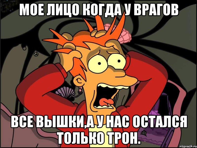 Мое лицо когда у врагов все вышки,а у нас остался только трон., Мем Фрай в панике