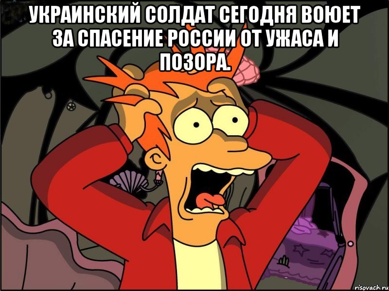 украинский солдат сегодня воюет за спасение России от ужаса и позора. , Мем Фрай в панике