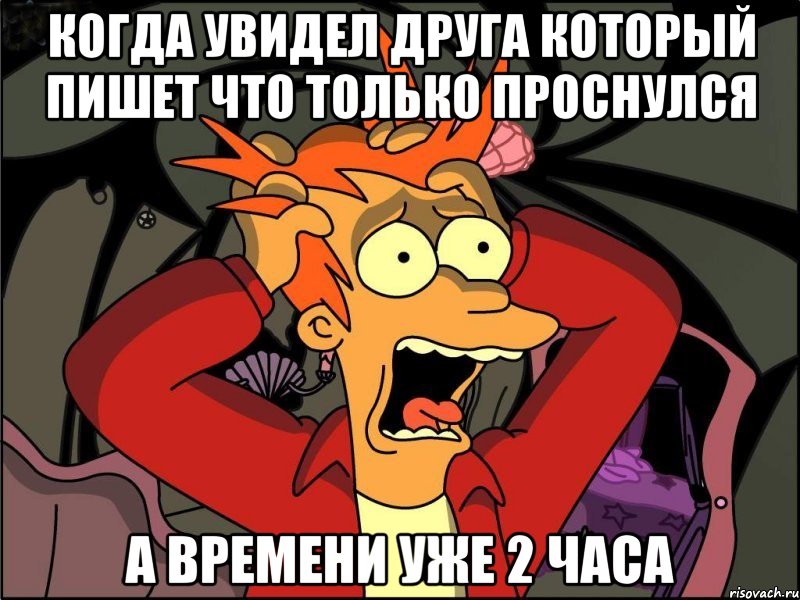 Когда увидел друга который пишет что только проснулся а времени уже 2 часа, Мем Фрай в панике