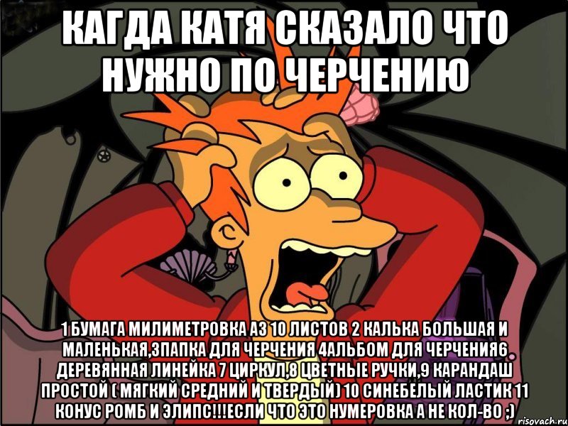 кагда катя сказало что нужно по черчению 1 бумага милиметровка А3 10 листов 2 Калька большая и маленькая,3Папка для черчения 4Альбом для черчения6 деревянная линейка 7 циркул,8 цветные ручки,9 карандаш простой ( мягкий средний и твердый) 10 синебелый ластик 11 конус ромб и элипс!!!Если что это нумеровка а не кол-во ;), Мем Фрай в панике