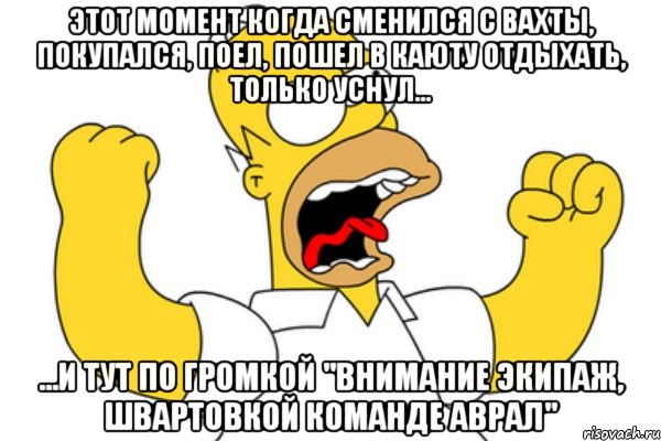 Этот момент когда сменился с вахты, покупался, поел, пошел в каюту отдыхать, только уснул... ...И тут по громкой "внимание экипаж, швартовкой команде аврал", Мем Разъяренный Гомер