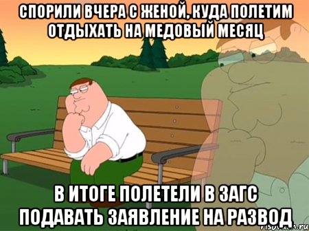 спорили вчера с женой, куда полетим отдыхать на медовый месяц в итоге полетели в загс подавать заявление на развод, Мем Задумчивый Гриффин