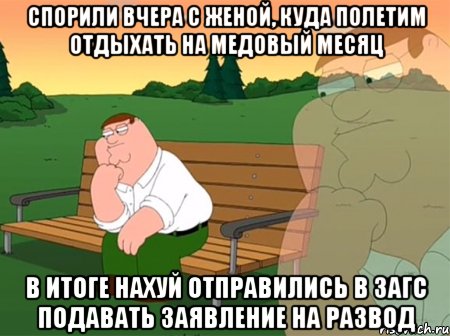 спорили вчера с женой, куда полетим отдыхать на медовый месяц в итоге нахуй отправились в загс подавать заявление на развод, Мем Задумчивый Гриффин