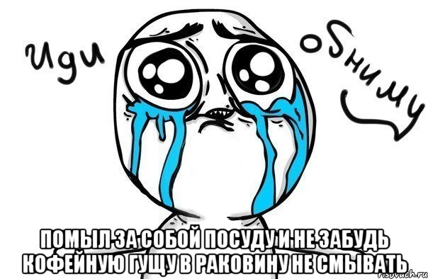  помыл за собой посуду и не забудь кофейную гущу в раковину не смывать, Мем Иди обниму