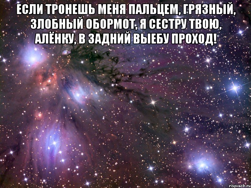 Если тронешь меня пальцем, Грязный, злобный обормот, Я сестру твою, Алёнку, В задний выебу проход! , Мем Космос
