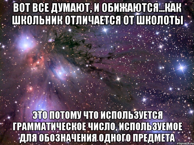 Вот все думают, и обижаются...Как школьник отличается от школоты Это потому что используется грамматическое число, используемое для обозначения одного предмета, Мем Космос