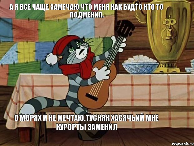 А я все чаще замечаю,что меня как будто кто то подменил. О морях и не мечтаю.Тусняк хасячьий мне курорты заменил, Мем Кот Матроскин с гитарой