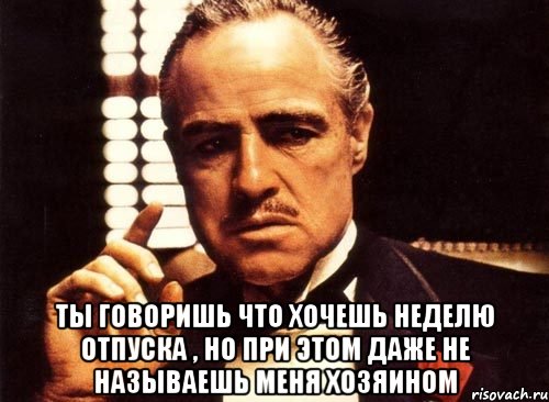  Ты говоришь что хочешь неделю отпуска , но при этом даже не называешь меня хозяином, Мем крестный отец