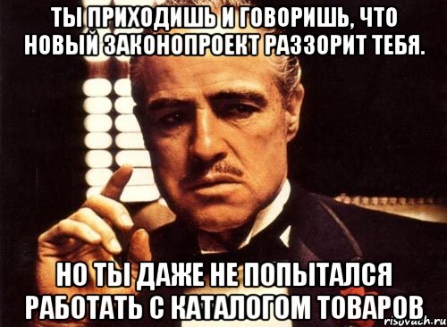 Ты приходишь и говоришь, что новый законопроект раззорит тебя. Но ты даже не попытался работать с каталогом товаров, Мем крестный отец