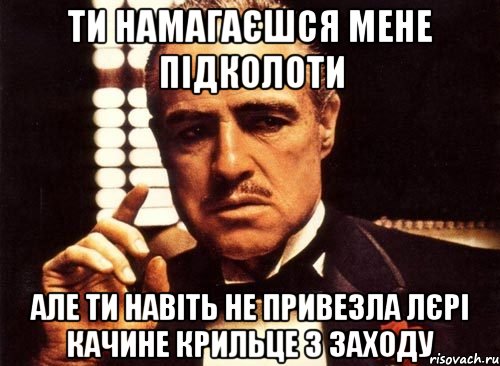 Ти намагаєшся мене підколоти але ти навіть не привезла Лєрі качине крильце з Заходу, Мем крестный отец