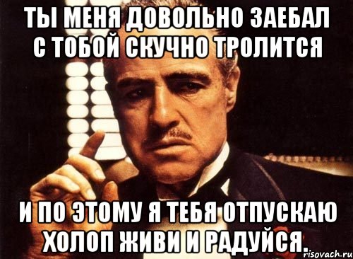 Ты меня довольно заебал с тобой скучно тролится И по этому я тебя отпускаю холоп живи и радуйся., Мем крестный отец