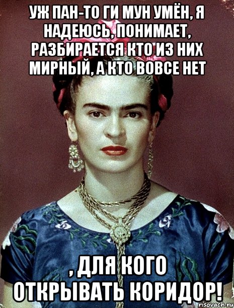 Уж Пан-то Ги Мун умён, я надеюсь, понимает, разбирается кто из них мирный, а кто вовсе нет , для кого открывать коридор!, Мем Magdalena Carmen Frieda Kahlo Ca