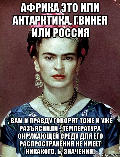 Африка это или Антарктика, Гвинея или Россия , вам и правду говорят тоже и уже разъяснили - температура окружающей среду для его распространения не имеет никакого, Ь, значения!, Мем Magdalena Carmen Frieda Kahlo Ca