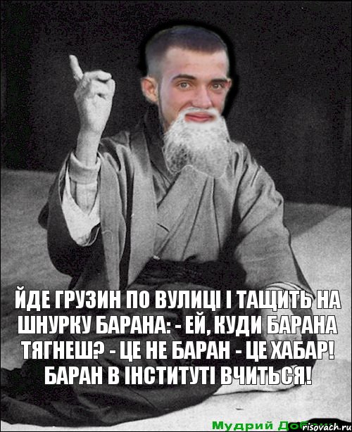 Йде грузин по вулиці і тащить на шнурку барана: - Ей, куди барана тягнеш? - Це не баран - це хабар! Баран в інституті вчиться! 