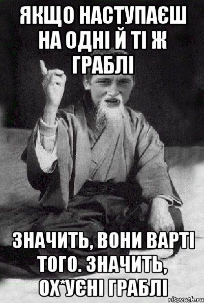 Якщо наступаєш на одні й ті ж граблі значить, вони варті того. Значить, ох*уєні граблі, Мем Мудрий паца