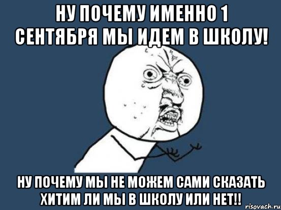 Ну почему именно 1 сентября мы идем в школу! Ну почему мы не можем сами сказать хитим ли мы в школу или нет!!, Мем Ну почему