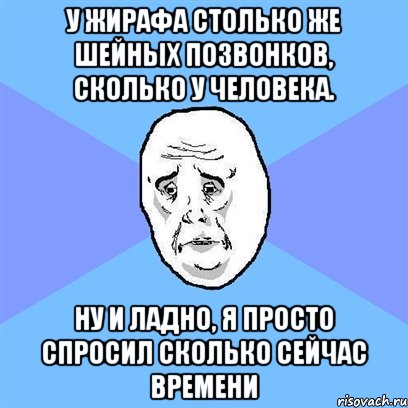 У жирафа столько же шейных позвонков, сколько у человека. ну и ладно, я просто спросил сколько сейчас времени, Мем Okay face