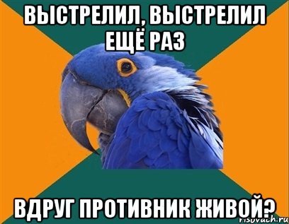 Выстрелил, выстрелил ещё раз вдруг противник живой?, Мем Попугай параноик