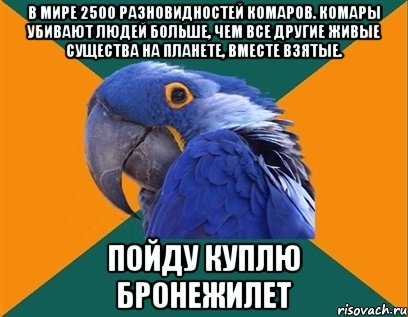 В мире 2500 разновидностей комаров. Комары убивают людей больше, чем все другие живые существа на планете, вместе взятые. Пойду куплю бронежилет, Мем Попугай параноик