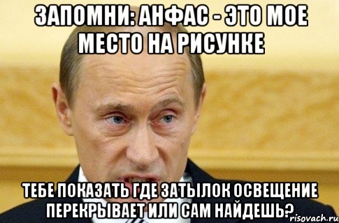 запомни: анфас - это мое место на рисунке тебе показать где затылок освещение перекрывает или сам найдешь?, Мем путин