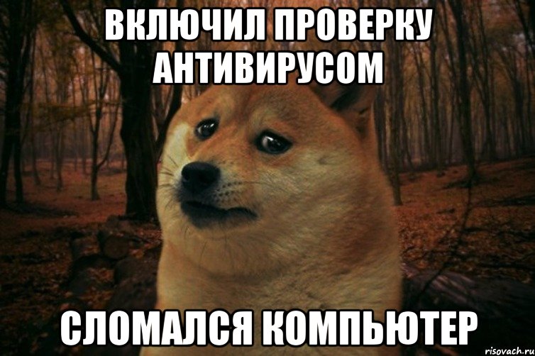 Включил проверку антивирусом Сломался компьютер, Мем SAD DOGE