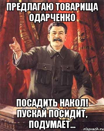 Предлагаю товарища Одарченко Посадить накол! Пускай посидит, подумает..., Мем  сталин цветной