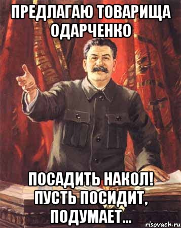 Предлагаю товарища Одарченко Посадить накол! Пусть посидит, подумает..., Мем  сталин цветной