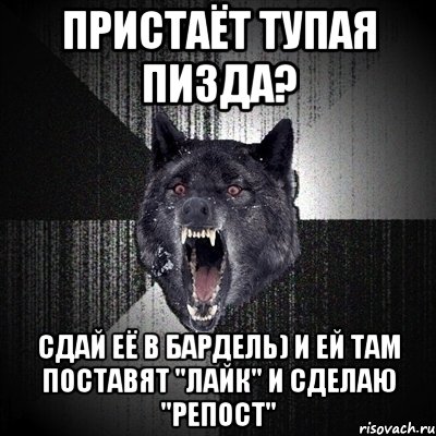 Пристаёт тупая пизда? Сдай её в бардель) И ей там поставят "Лайк" и сделаю "Репост", Мем Сумасшедший волк