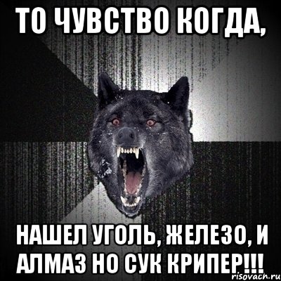 то чувство когда, нашел уголь, железо, и алмаз но сук крипер!!!, Мем Сумасшедший волк