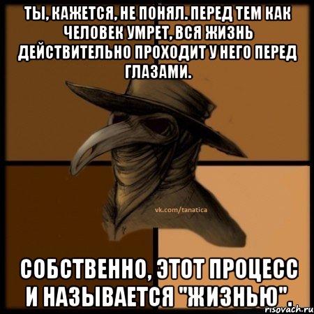 ТЫ, КАЖЕТСЯ, НЕ ПОНЯЛ. ПЕРЕД ТЕМ КАК ЧЕЛОВЕК УМРЕТ, ВСЯ ЖИЗНЬ ДЕЙСТВИТЕЛЬНО ПРОХОДИТ У НЕГО ПЕРЕД ГЛАЗАМИ. СОБСТВЕННО, ЭТОТ ПРОЦЕСС И НАЗЫВАЕТСЯ "ЖИЗНЬЮ"., Мем  Чума