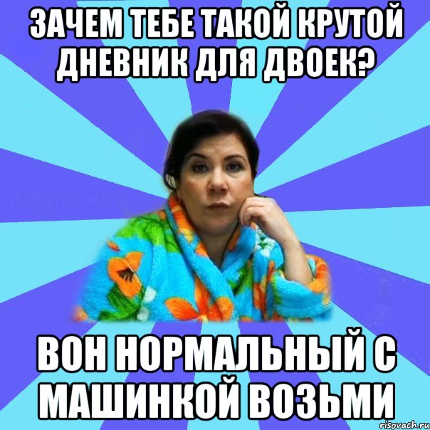 зачем тебе такой крутой дневник для двоек? вон нормальный с машинкой возьми, Мем типичная мама