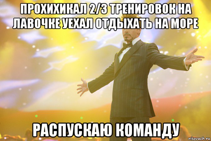 прохихикал 2/3 тренировок на лавочке уехал отдыхать на море распускаю команду, Мем Тони Старк (Роберт Дауни младший)