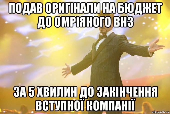 ПОДАВ ОРИГІНАЛИ НА БЮДЖЕТ ДО ОМРІЯНОГО ВНЗ ЗА 5 ХВИЛИН ДО ЗАКІНЧЕННЯ ВСТУПНОЇ КОМПАНІЇ, Мем Тони Старк (Роберт Дауни младший)