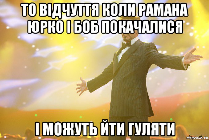 то відчуття коли Рамана Юрко і Боб покачалися і можуть йти гуляти, Мем Тони Старк (Роберт Дауни младший)