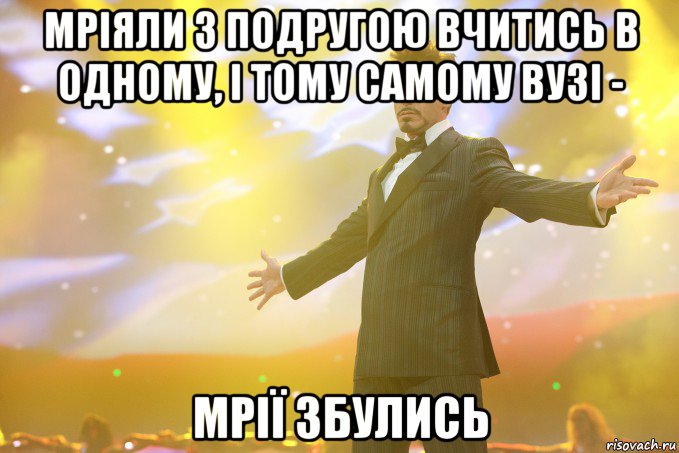 Мріяли з подругою вчитись в одному, і тому самому ВУЗі - мрії збулись, Мем Тони Старк (Роберт Дауни младший)