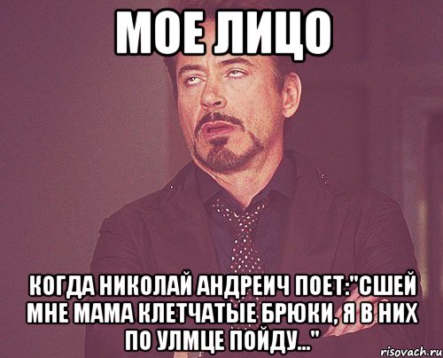 Мое лицо когда Николай Андреич поет:"Сшей мне мама клетчатые брюки, я в них по улмце пойду...", Мем твое выражение лица