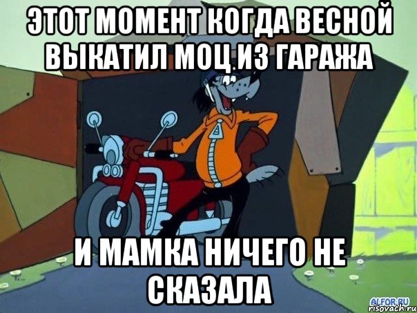 этот момент когда весной выкатил моц из гаража и мамка ничего не сказала, Мем  волк с мотоциклом